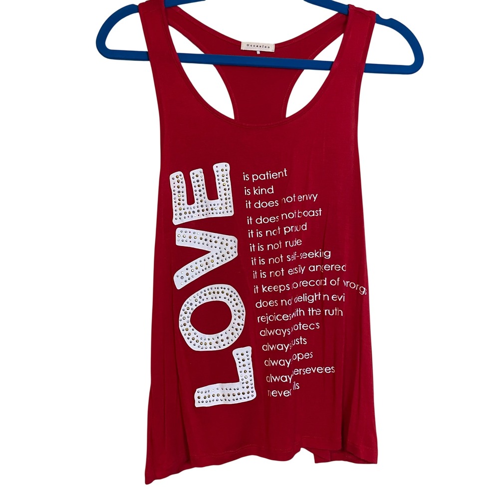 Red Love is Patient Scripture Rhinestone Racerback Tank Top Medium Occasion